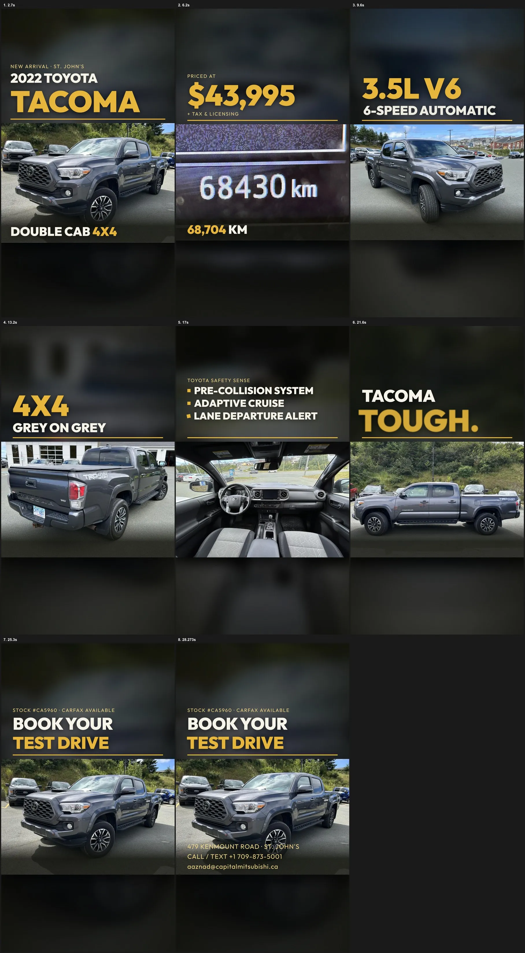 Every scene of the Toyota Tacoma reel on one contact sheet, used to check each reel before rendering