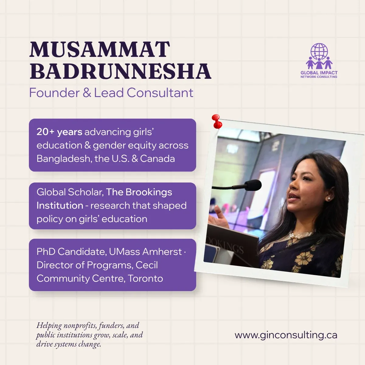 Musammat Badrunnesha, Founder & Lead Consultant, credentials board